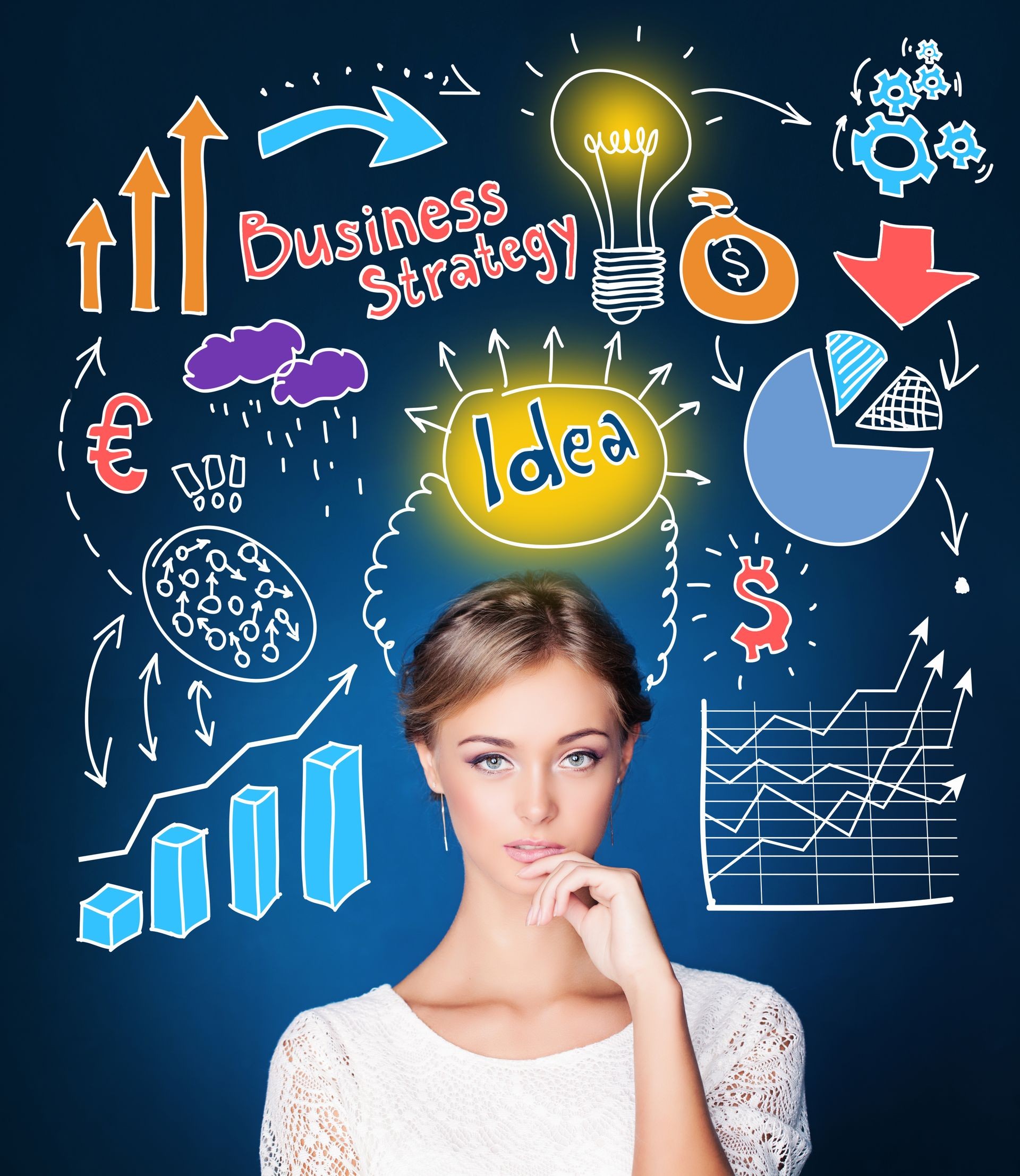 Woman planning her business strategy and start up. Young businesswoman with infographics and lightbulb